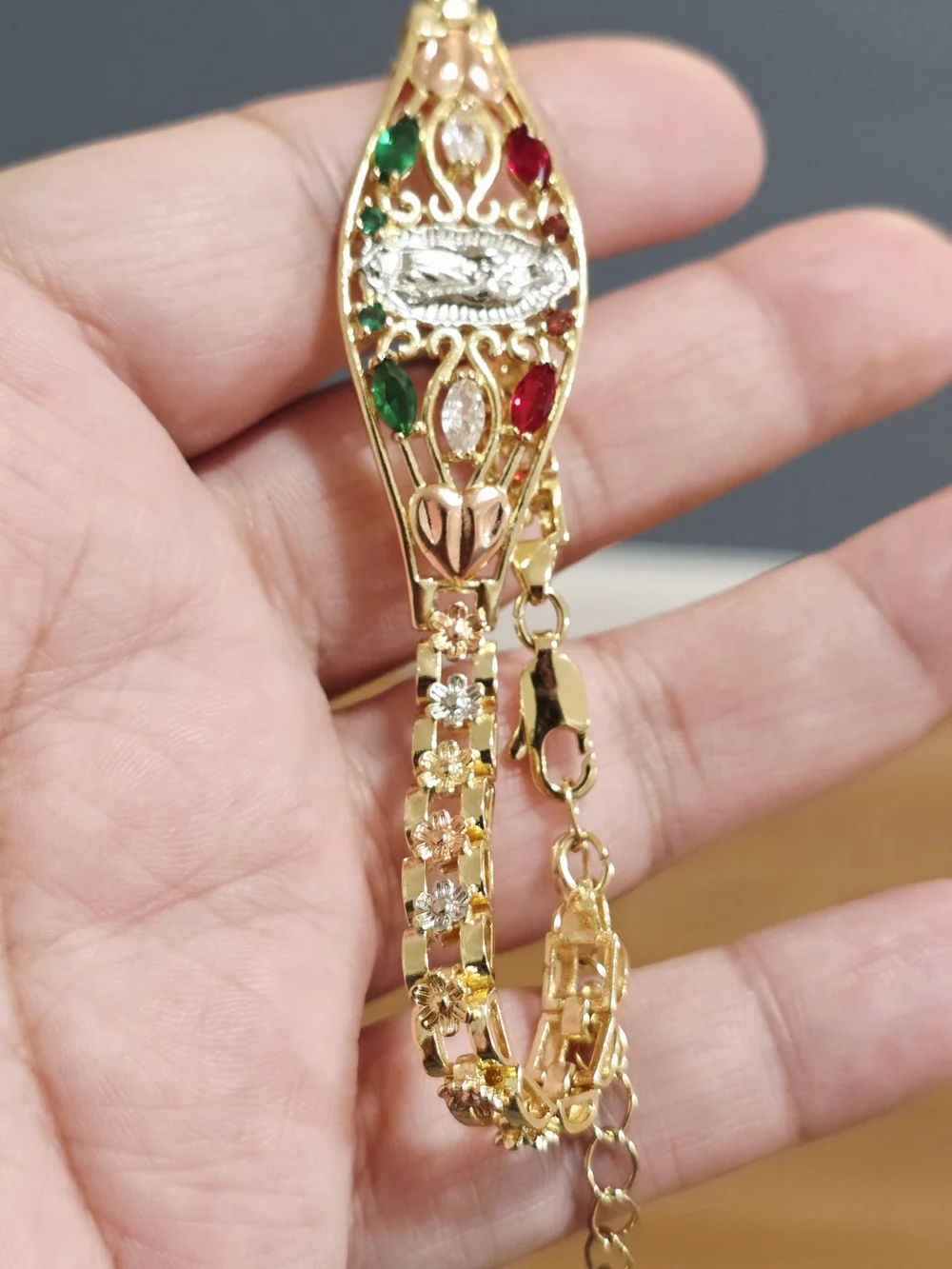 18k Gold Plated Tone Religious Bracelet with Red & Green Stones